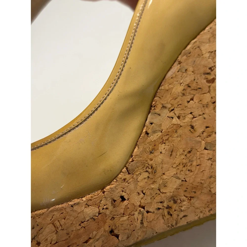 Jimmy Choo Mustard Patent Leather Cork Platform Wedge‎ Peep Toe Pumps Italy